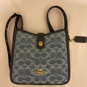 Coach NWT Blue Denim Signature Canvas Shoulder Bag with Black Trim
